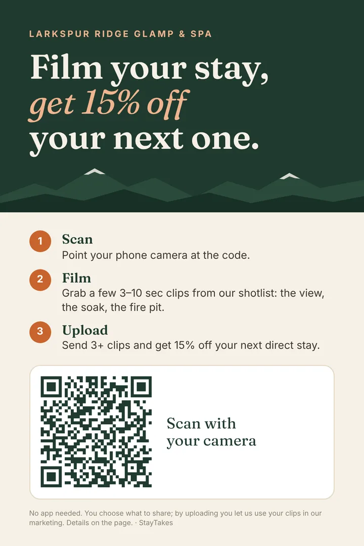 StayTakes QR card placed in a guest room: scan, follow the shotlist, film short clips